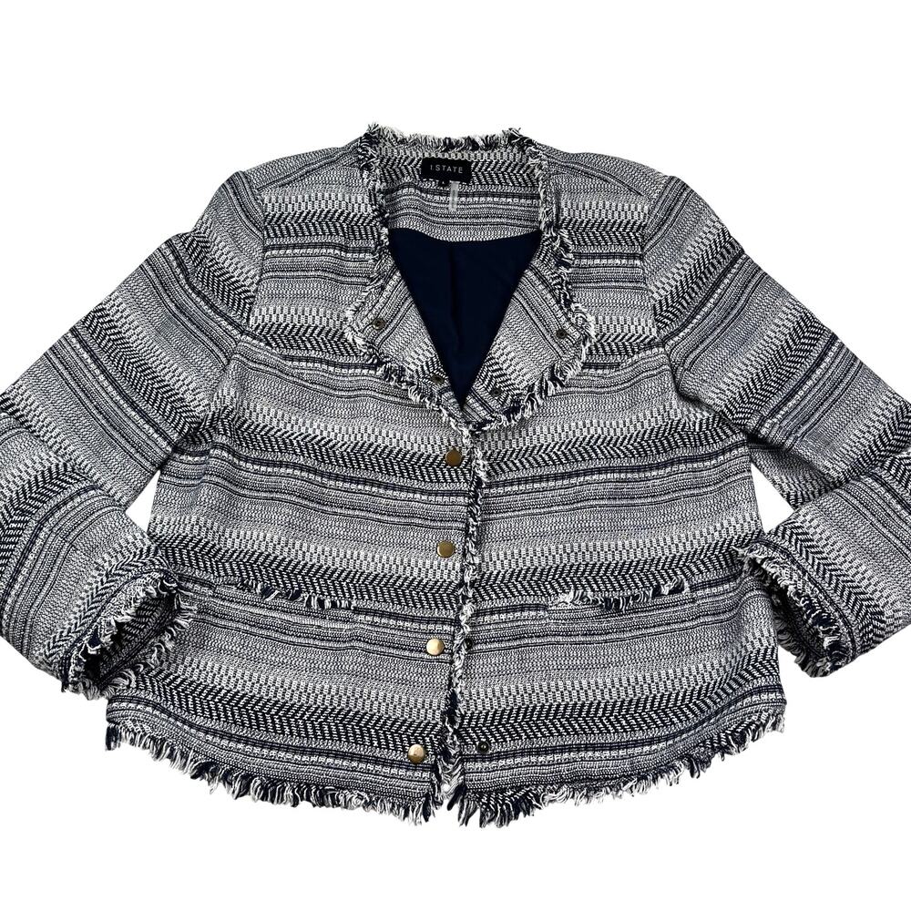 1. State Boho Navy Cream Tweed Textured Fringe Moto Jacket Women's Size Large